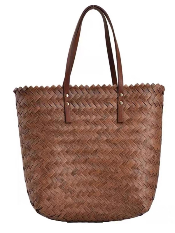 Ženska PVC-prepletena tote torba, stil slame s bambusom inspiriranim detaljima, retro dizajn, torba za plažu