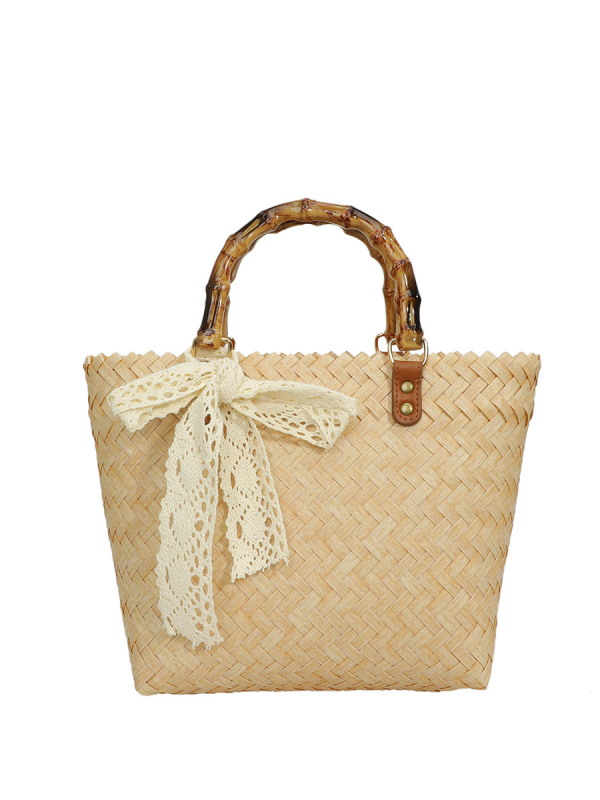 Ženska PVC-prepletena tote torba, stil slame s bambusom inspiriranim detaljima, retro dizajn, torba za plažu