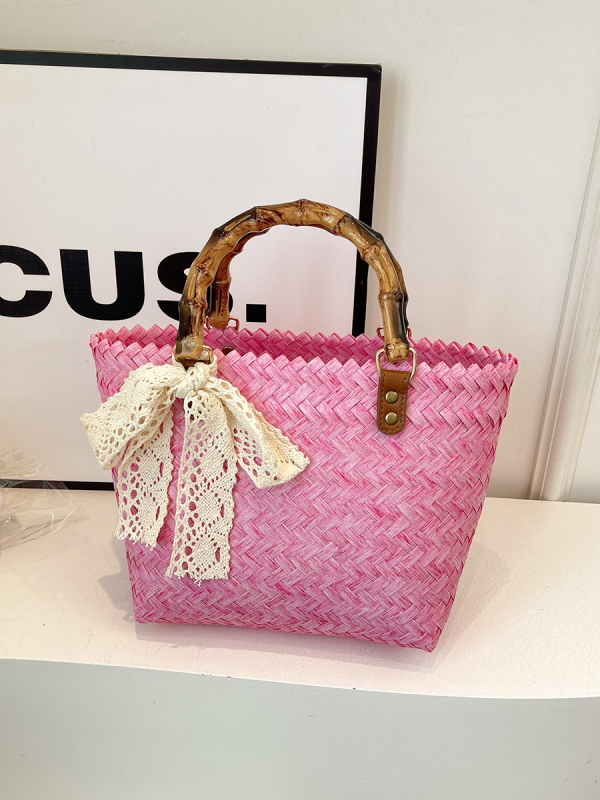 Ženska PVC-prepletena tote torba, stil slame s bambusom inspiriranim detaljima, retro dizajn, torba za plažu