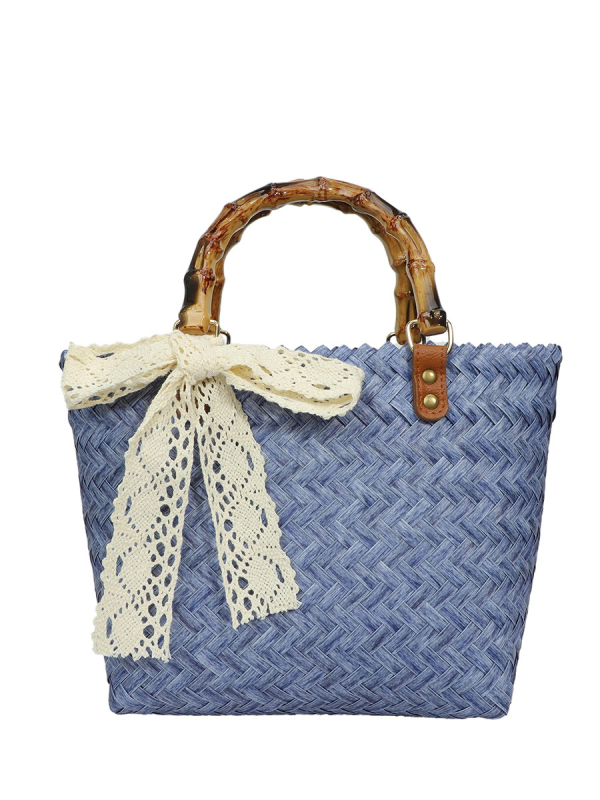 Ženska PVC-prepletena tote torba, stil slame s bambusom inspiriranim detaljima, retro dizajn, torba za plažu