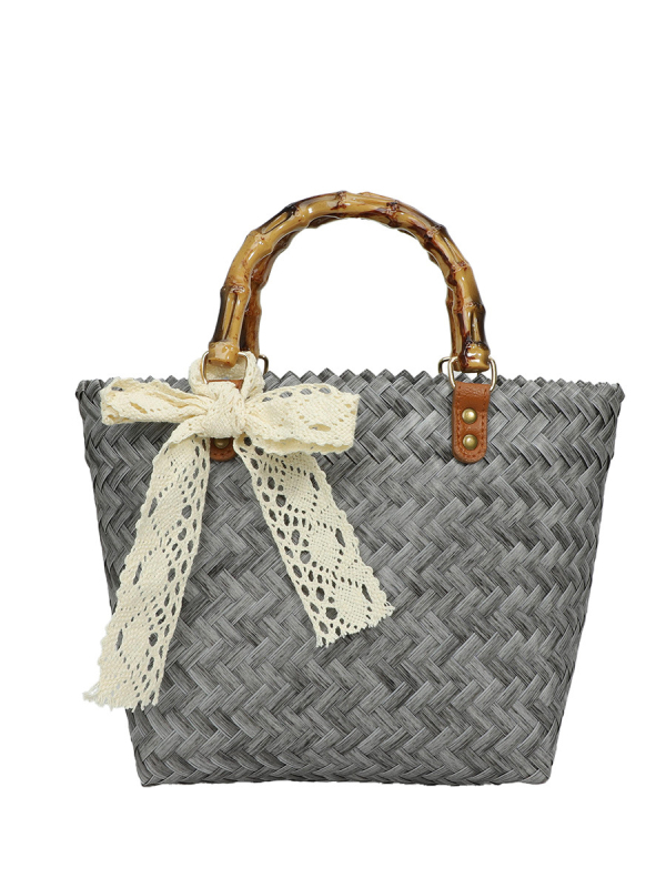 Ženska PVC-prepletena tote torba, stil slame s bambusom inspiriranim detaljima, retro dizajn, torba za plažu