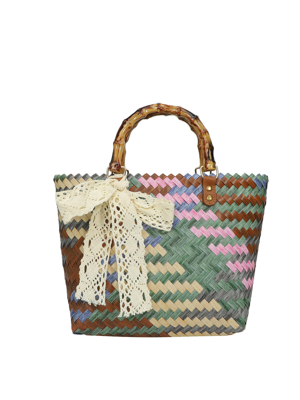 Ženska PVC-prepletena tote torba, stil slame s bambusom inspiriranim detaljima, retro dizajn, torba za plažu