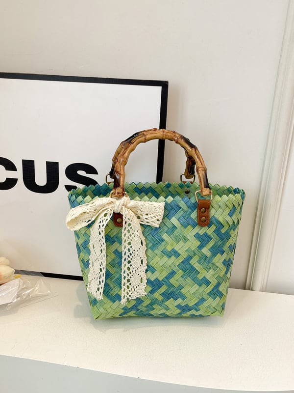 Ženska PVC-prepletena tote torba, stil slame s bambusom inspiriranim detaljima, retro dizajn, torba za plažu