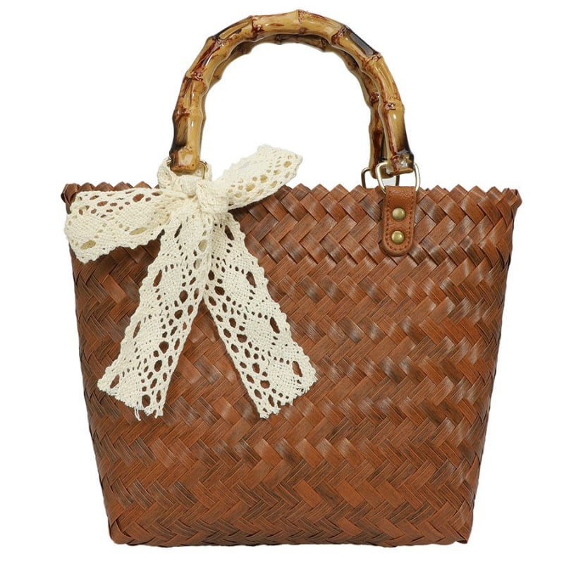 Ženska PVC-prepletena tote torba, stil slame s bambusom inspiriranim detaljima, retro dizajn, torba za plažu