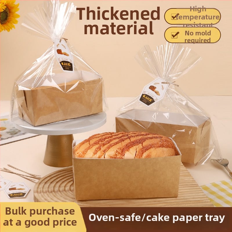Kūkas papīra trauka un cepšanas turētāja komplekts – izturīgs augstām temperatūrām, piemērots cepeškrāsnij, vienreizēja maizes kastīte ar maisiņu, etiķeti un zīda lentīti