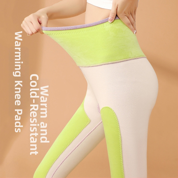 Дамски топли панталони с висока талия и защита за колене и кръст, повдигане на ханша, подплатени, двойна плътност, без шевове, трикотажен полиестер 90–95%