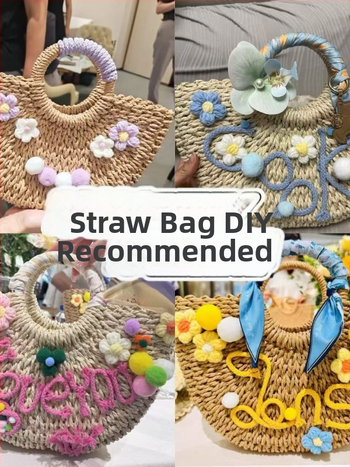 Geantă de paie lucrată manual, formă ovală, deschidere deschisă, fără căptușeală, stil proaspăt și dulce