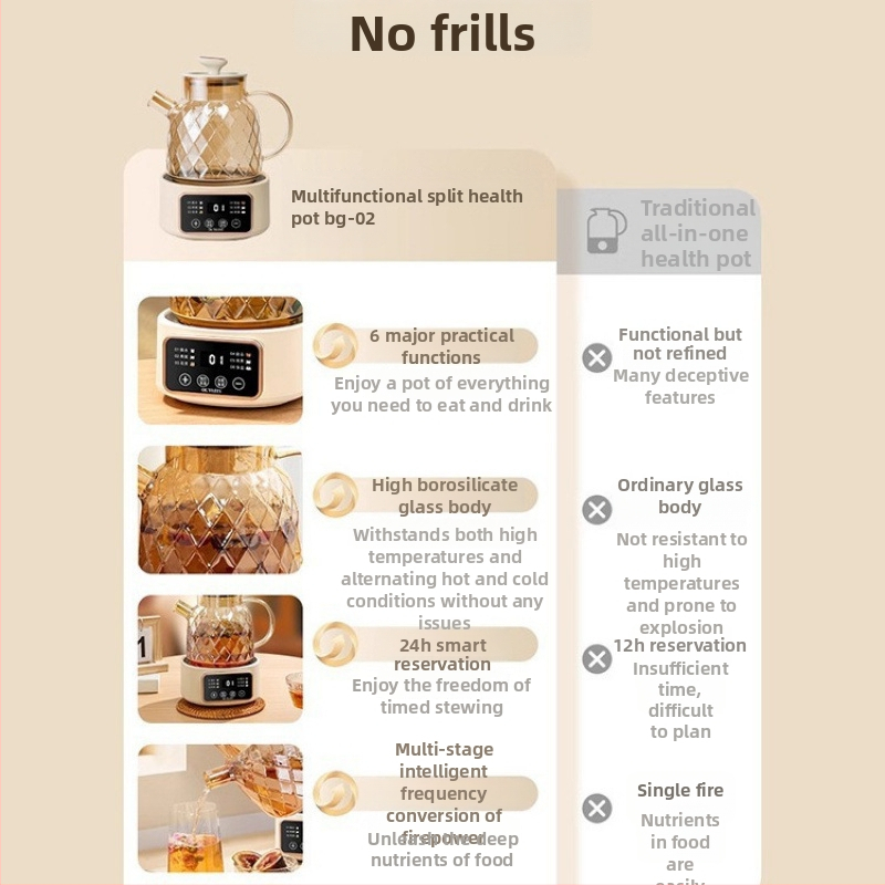 Daudzfunkcionālais veselības tējkanna, tilpums 1 L, 220 V, 300–350 W, keramikas iekšējais tanka, šķidruma izplešanās termostats