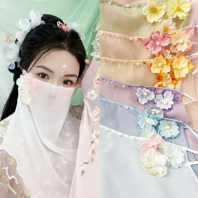 Ősi stílusú Hanfu virágos fátyol gyöngyökkel, UV védelem, fülhöz akasztható kiegészítő — Márka Unique; Készleten; Nyár 2021