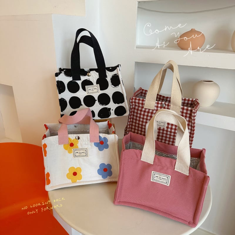 Torba za ručak u stilu lunch boxa, platno, horizontalni kvadratni oblik, kopča na klik, bez podstavke, svakodnevna uporaba