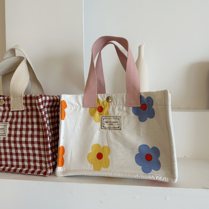 Torba za ručak u stilu lunch boxa, platno, horizontalni kvadratni oblik, kopča na klik, bez podstavke, svakodnevna uporaba