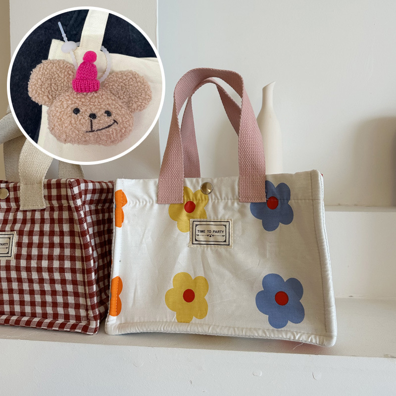 Torba za ručak u stilu lunch boxa, platno, horizontalni kvadratni oblik, kopča na klik, bez podstavke, svakodnevna uporaba