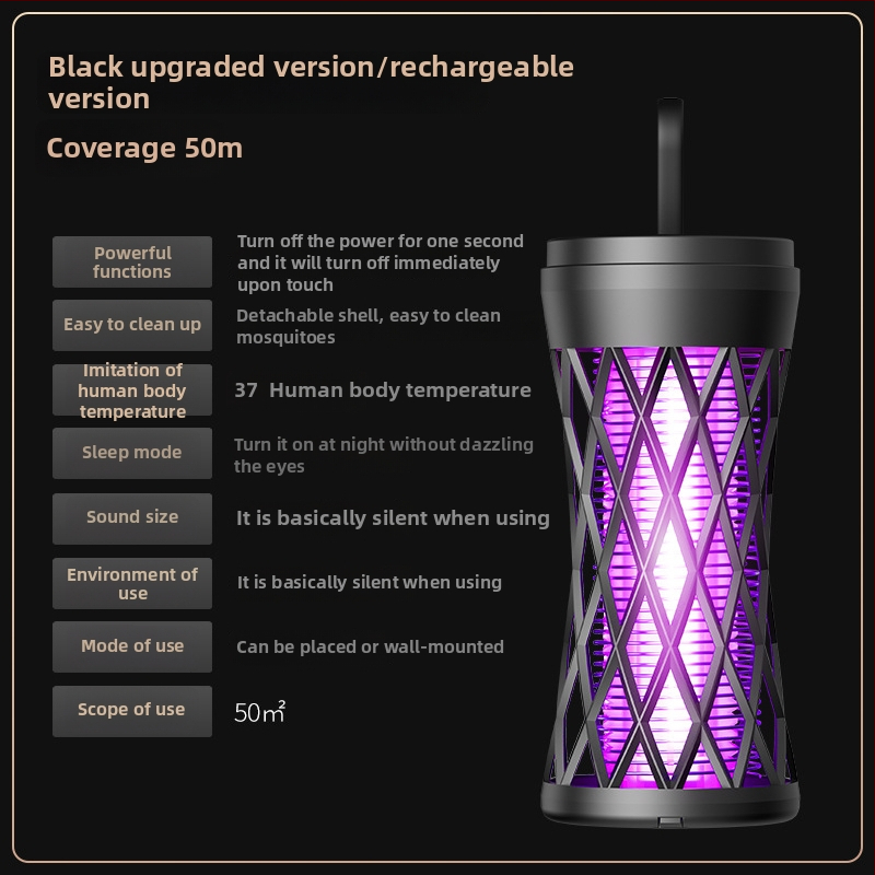 Лампа за убийство на комари с USB зареждане, преносима за вътрешна и външна употреба, LED осветление, електрически удар, вградена батерия 501–800 mAh, обхват 11–20㎡