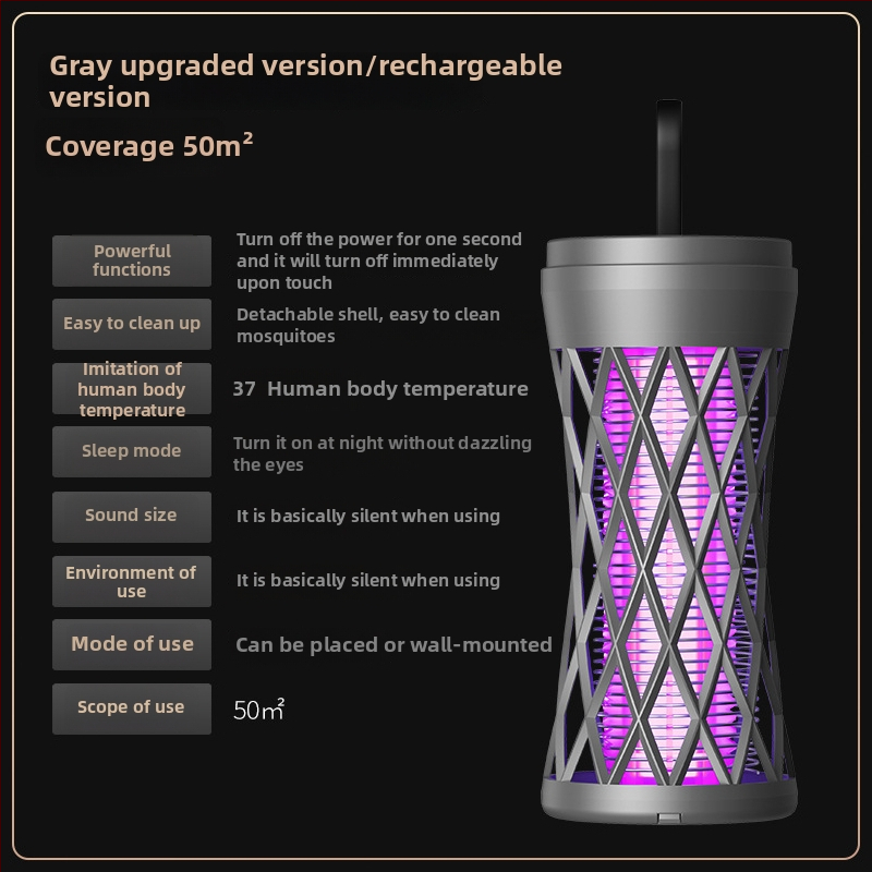 Лампа за убийство на комари с USB зареждане, преносима за вътрешна и външна употреба, LED осветление, електрически удар, вградена батерия 501–800 mAh, обхват 11–20㎡