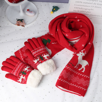 Set cadou de Crăciun din trei piese, călduros: fular tricotat, mănuși și rochie cu căptușeală de fleece, cu modele de cerbi și fulgi de zăpadă