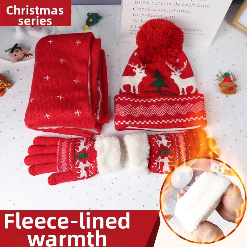 Set cadou de Crăciun din trei piese, călduros: fular tricotat, mănuși și rochie cu căptușeală de fleece, cu modele de cerbi și fulgi de zăpadă