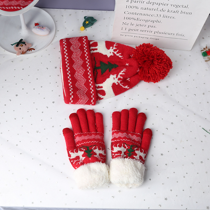 Set cadou de Crăciun din trei piese, călduros: fular tricotat, mănuși și rochie cu căptușeală de fleece, cu modele de cerbi și fulgi de zăpadă