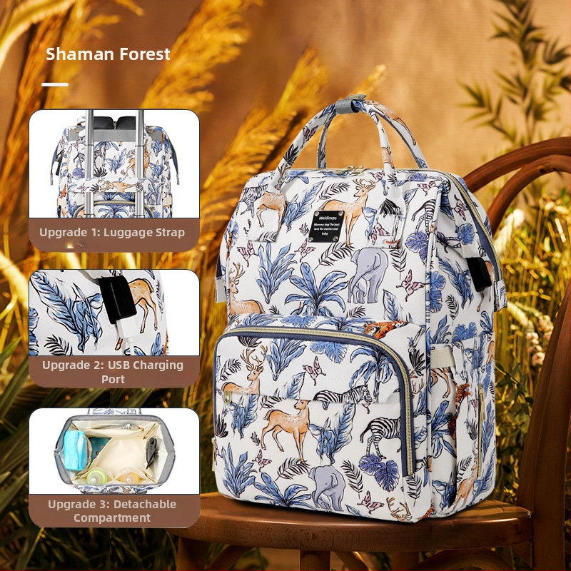 Taška pre mamu a dieťa, Oxford látka, vzor zvierat, výstelka z polyesteru, priedušná, ramenný popruh s air cushion