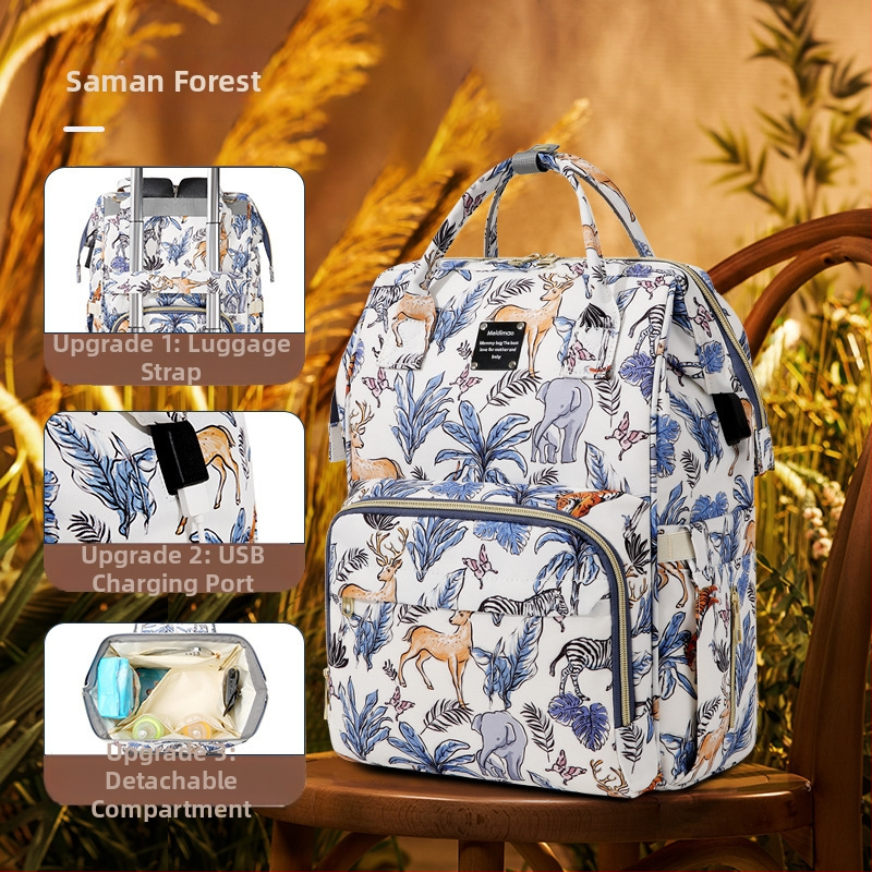 Taška pre mamu a dieťa, Oxford látka, vzor zvierat, výstelka z polyesteru, priedušná, ramenný popruh s air cushion
