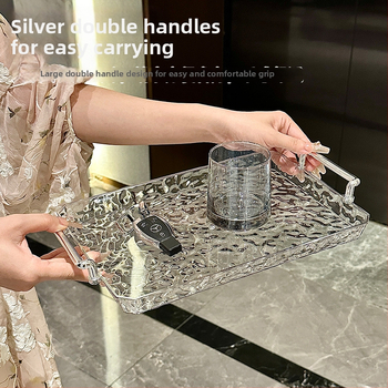 Podnos na jedlo s priehľadnou rúčkou, obdĺžnikový, vzor vodných vĺn, povrch s zlatou fóliou