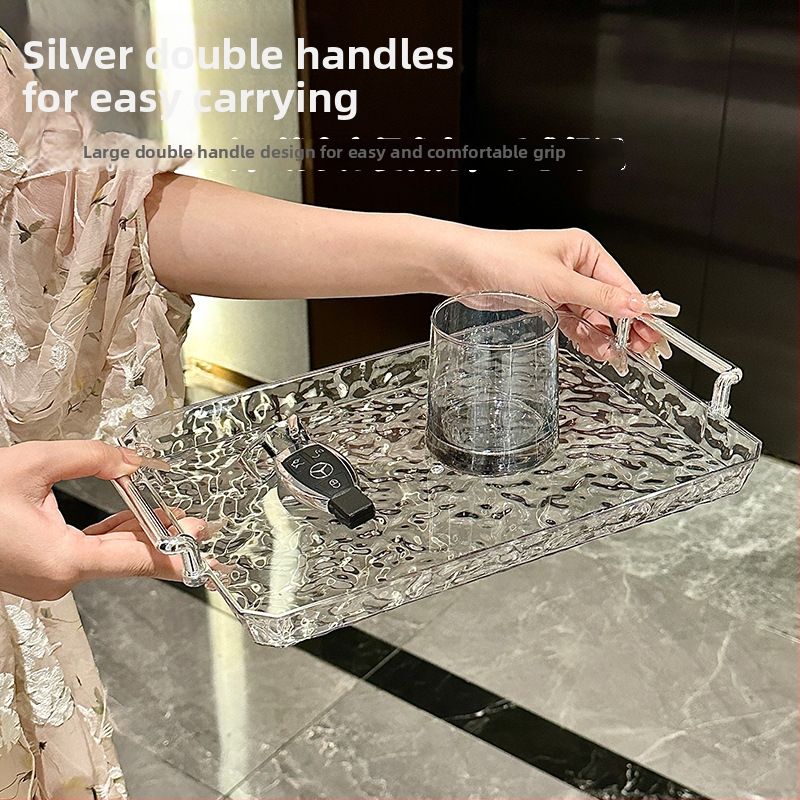 Podnos na jedlo s priehľadnou rúčkou, obdĺžnikový, vzor vodných vĺn, povrch s zlatou fóliou