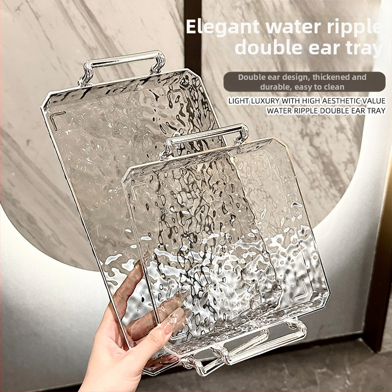 Podnos na jedlo s priehľadnou rúčkou, obdĺžnikový, vzor vodných vĺn, povrch s zlatou fóliou