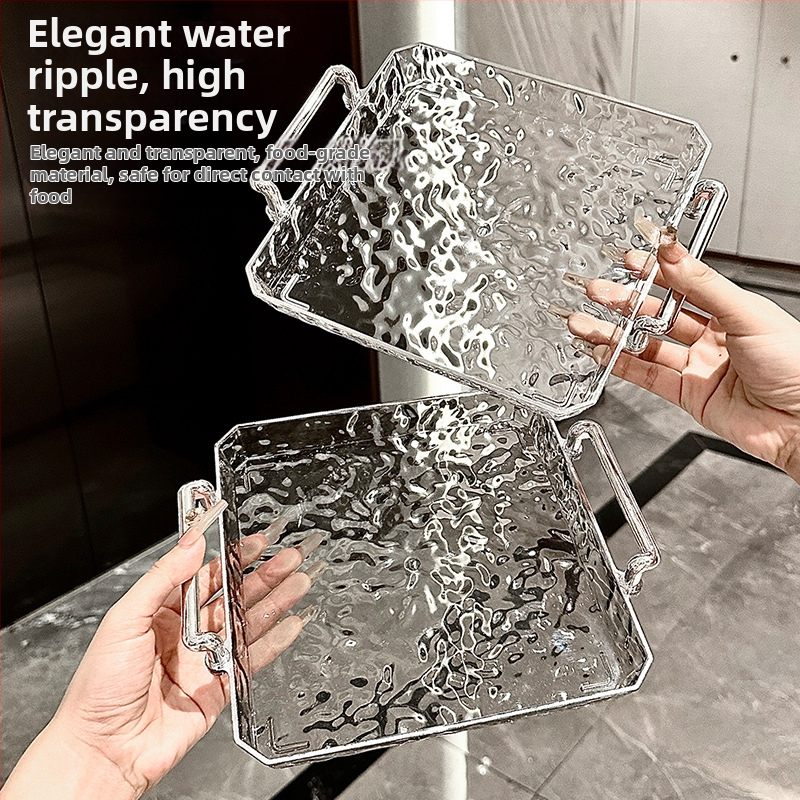 Podnos na jedlo s priehľadnou rúčkou, obdĺžnikový, vzor vodných vĺn, povrch s zlatou fóliou