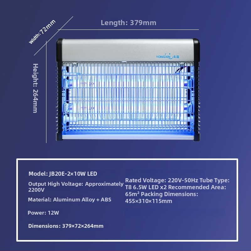 Lampa proti komárom elektrickým šokom – vnútorná nástenná montáž, UV žiarič, sieť z niklov-zinku železa, plášť zliatiny, vhodná pre plochu 61 m² a viac