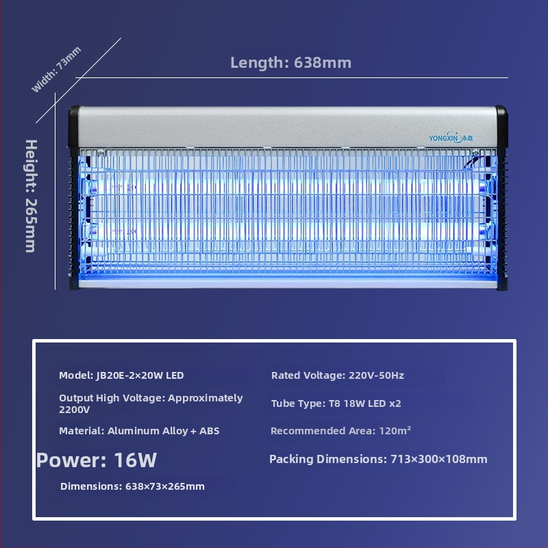 Lampa proti komárom elektrickým šokom – vnútorná nástenná montáž, UV žiarič, sieť z niklov-zinku železa, plášť zliatiny, vhodná pre plochu 61 m² a viac