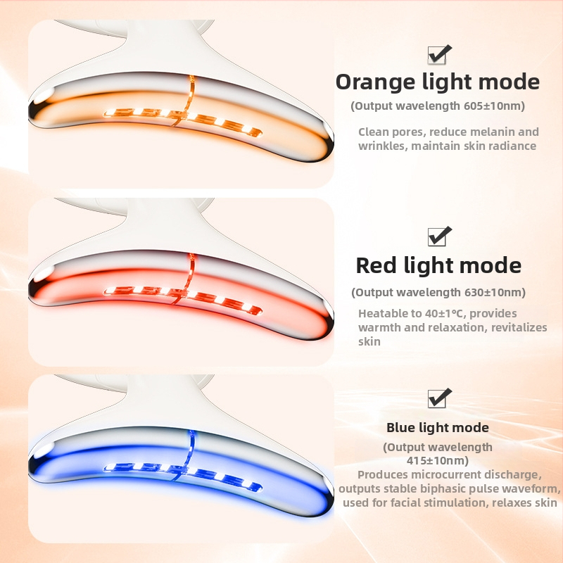 Kakla skaistumam ierīce 816 – vibrācijas masāža, fotonu skaistums un acu režīms; pacelšana un stingrība; akumulators 3,7 V 500 mAh; uzlādes laiks apmēram 2 stundas; svars 105 g