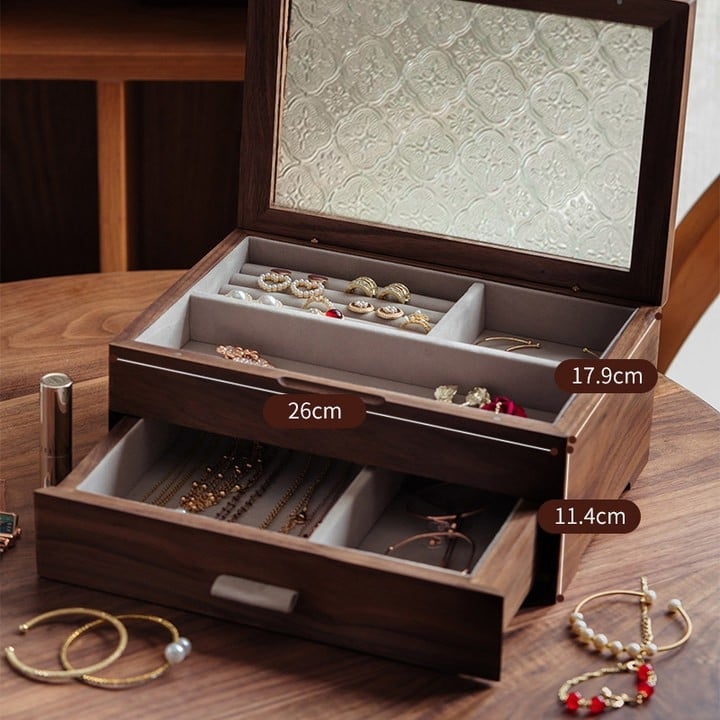 nhosue Walnut дървена кутия за бижута, двуетажна, китайски стил, прахоустойчива, многофункционална