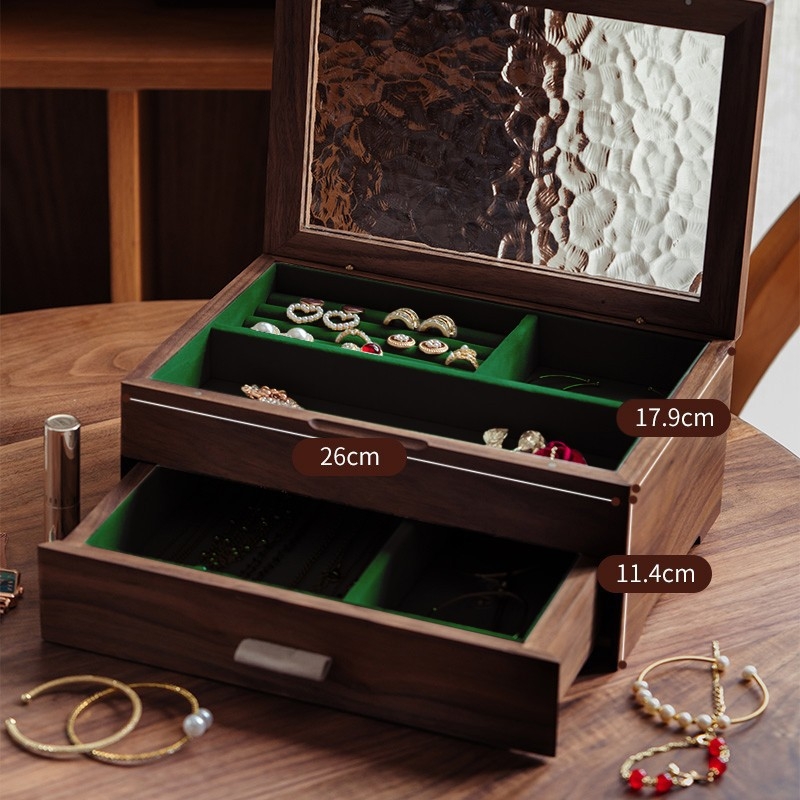 nhosue Walnut дървена кутия за бижута, двуетажна, китайски стил, прахоустойчива, многофункционална