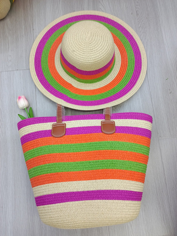 Set klobúka a tašky pre ženy — zo slamy, cylindrická taška s viečkom, zips, podšívka z polyesteru, mestský minimalizmus