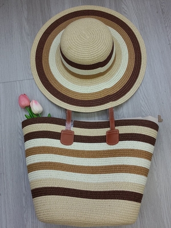 Set klobúka a tašky pre ženy — zo slamy, cylindrická taška s viečkom, zips, podšívka z polyesteru, mestský minimalizmus