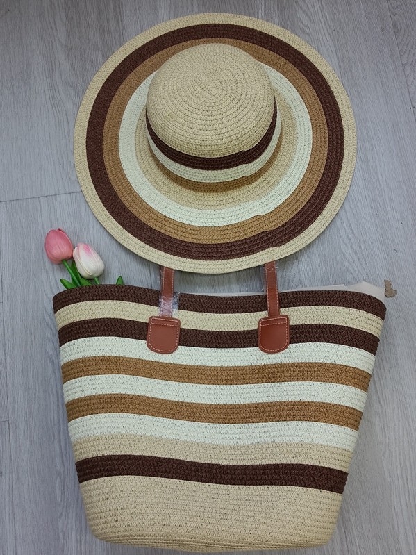 Set klobúka a tašky pre ženy — zo slamy, cylindrická taška s viečkom, zips, podšívka z polyesteru, mestský minimalizmus