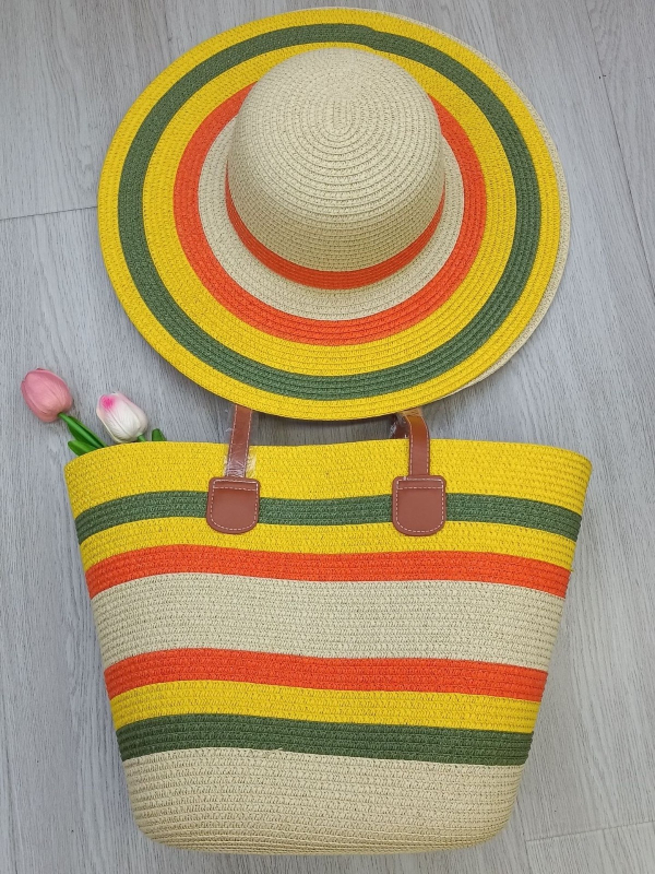 Set klobúka a tašky pre ženy — zo slamy, cylindrická taška s viečkom, zips, podšívka z polyesteru, mestský minimalizmus