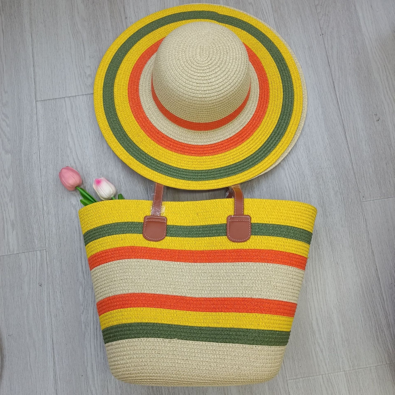 Set klobúka a tašky pre ženy — zo slamy, cylindrická taška s viečkom, zips, podšívka z polyesteru, mestský minimalizmus