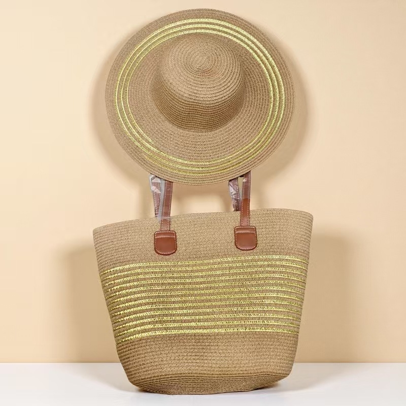 Set klobúka a tašky pre ženy — zo slamy, cylindrická taška s viečkom, zips, podšívka z polyesteru, mestský minimalizmus
