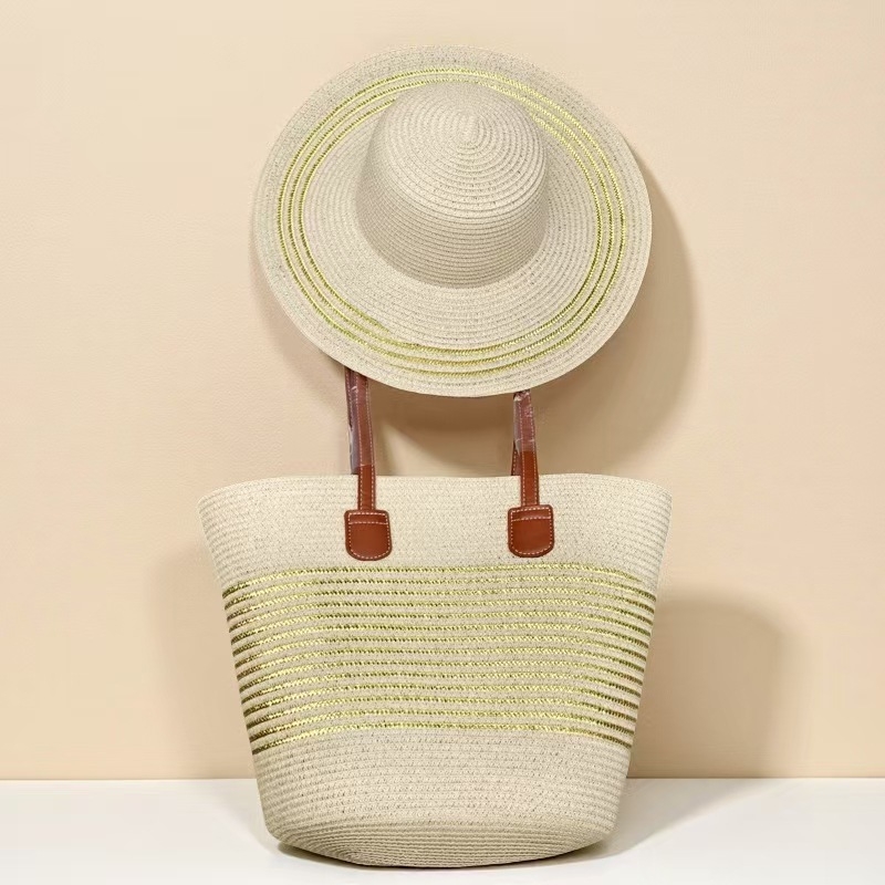 Set klobúka a tašky pre ženy — zo slamy, cylindrická taška s viečkom, zips, podšívka z polyesteru, mestský minimalizmus