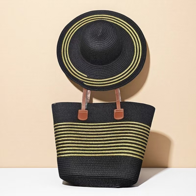 Set klobúka a tašky pre ženy — zo slamy, cylindrická taška s viečkom, zips, podšívka z polyesteru, mestský minimalizmus