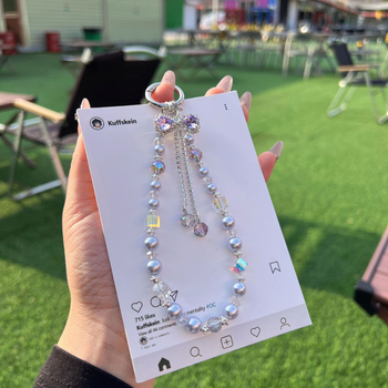 Telefónny šnúrok s krištálovou mašličkou, ručne vyrobený, dámsky štýl, PVC šnúrka, kovová spona