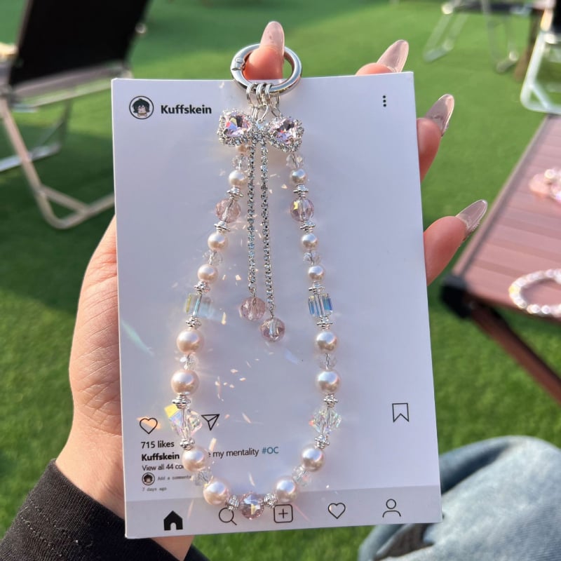 Telefónny šnúrok s krištálovou mašličkou, ručne vyrobený, dámsky štýl, PVC šnúrka, kovová spona