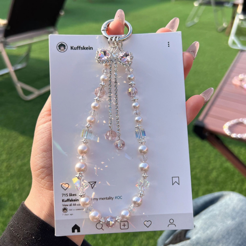 Telefónny šnúrok s krištálovou mašličkou, ručne vyrobený, dámsky štýl, PVC šnúrka, kovová spona