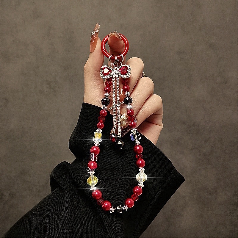 Telefónny šnúrok s krištálovou mašličkou, ručne vyrobený, dámsky štýl, PVC šnúrka, kovová spona