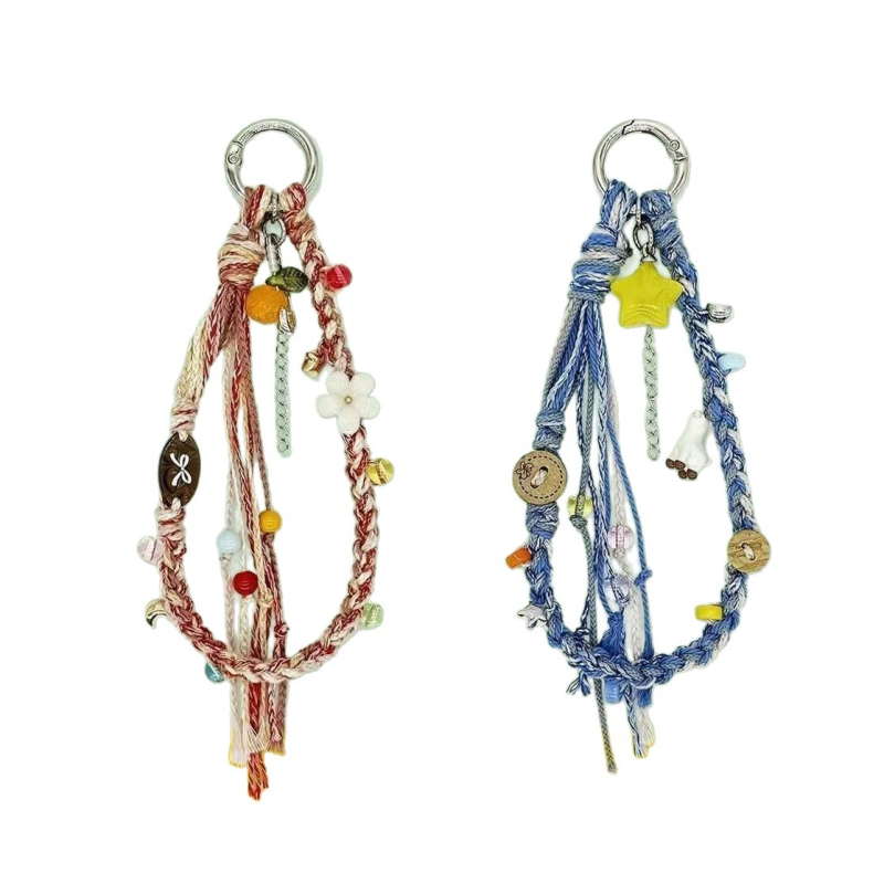 Pletený telefónny náramok s kľúčovým príveskom, materiál zliatina, ručne pletený, ovocný vzor, leto 2025