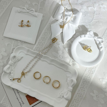 Gipsový úložný tanier so mašličkou — jednovrstvový model, kreatívny nordický dizajn, 1 vrstva, rekvizita pre fotografiu