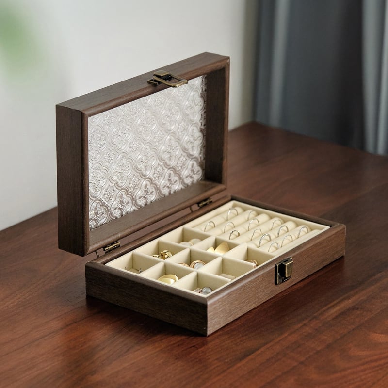 Дървена кутия за бижута с капак и отделения, настолна употреба, плътностна дъска, многофункционална и прахозащитна, един слой