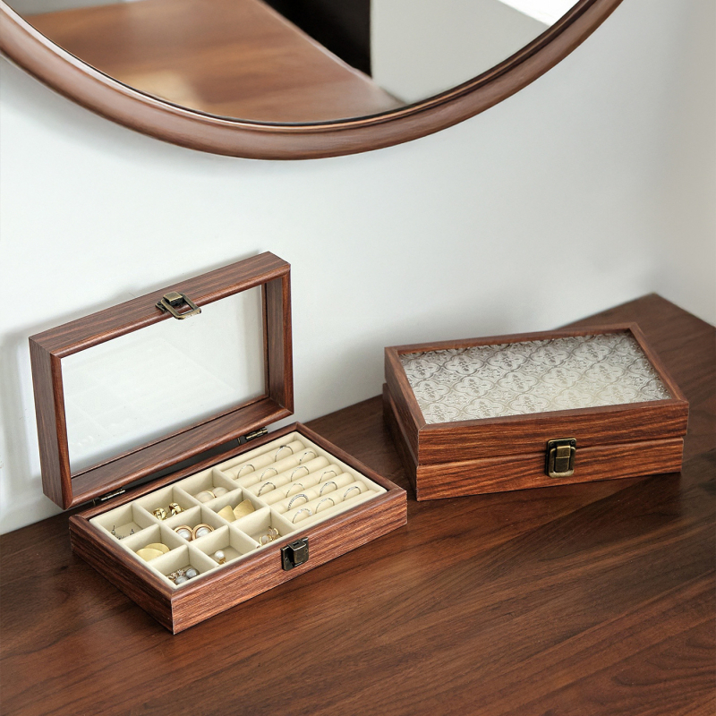 Дървена кутия за бижута с капак и отделения, настолна употреба, плътностна дъска, многофункционална и прахозащитна, един слой