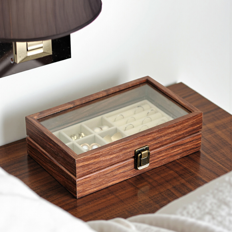 Дървена кутия за бижута с капак и отделения, настолна употреба, плътностна дъска, многофункционална и прахозащитна, един слой