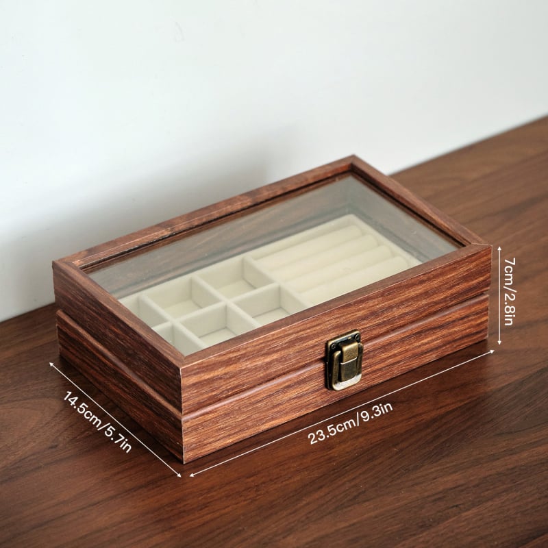 Дървена кутия за бижута с капак и отделения, настолна употреба, плътностна дъска, многофункционална и прахозащитна, един слой